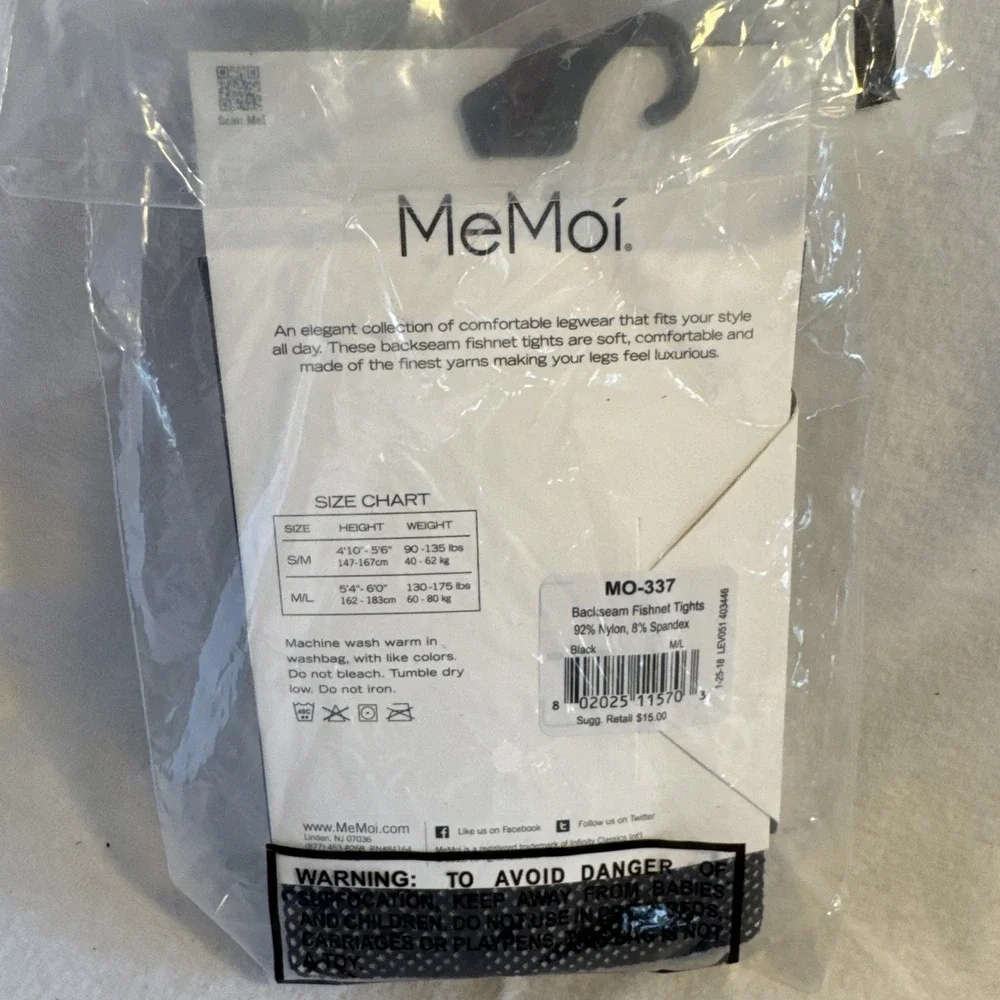 MeMoi Classic Fishnet Tights, Comfortable & Smooth Women's Nylon NEW Black M/L